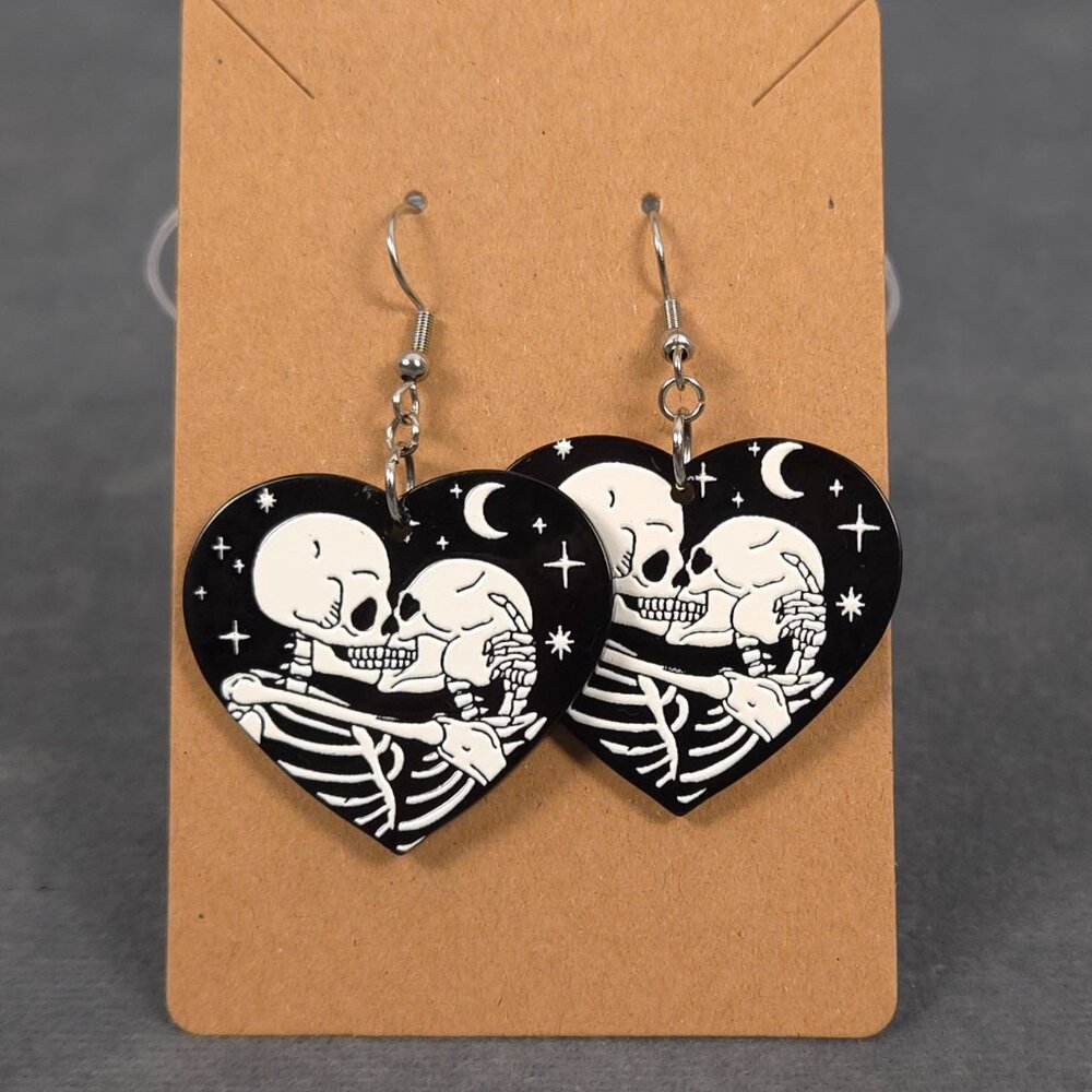 Halloween Gothic Heart Hook Earrings with Kissing Skeletons with Moon & Stars